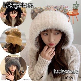 Lucky Beanies หมวกบีนนี่ลําลอง ผ้าถัก แต่งหูหมีน่ารัก ให้ความอบอุ่น สีพื้น เหมาะกับฤดูหนาว สําหรับขับขี่กลางแจ้ง