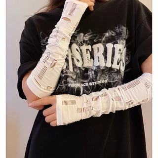 ถุงมือ ผ้าเรยอน ฉีกขาด สไตล์พังก์ โกธิค โลลิต้า ไร้นิ้วมือ สีเข้ม แฟชั่นนินจา สําหรับผู้หญิง