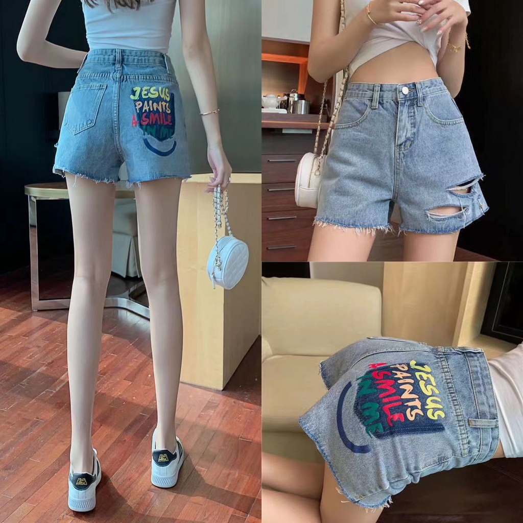 cxt shop กางเกงยีนส์ขาสั้นเอวสูง พิมพ์ลายขาดรู ผ้าเดนิมทรงตรงสวยเข้ารูป สไตล์เกาหลีฤดูร้อน รุ่นใหม่