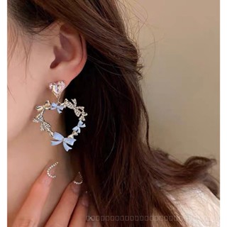 0915YWTS Silver Stud Rhinestone-Encrusted Love Heart Bow Tie Enamel Earrings Korean Spring Fresh and Cute Earrings Mori Temperament Fairy Earrings B1PX