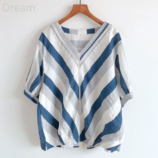 Summer shirt slim V-neck twill striped shirt design back button loose short-sleeved shirt for women