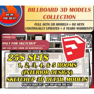 🔥PREFERRED🔥1, 2, 3, 4, &amp; 5 ROOMS FULL 258 SETS INTERIOR LAYOUT DESIGN SKETCHUP DETAIL FURNITURE 3D MODEL