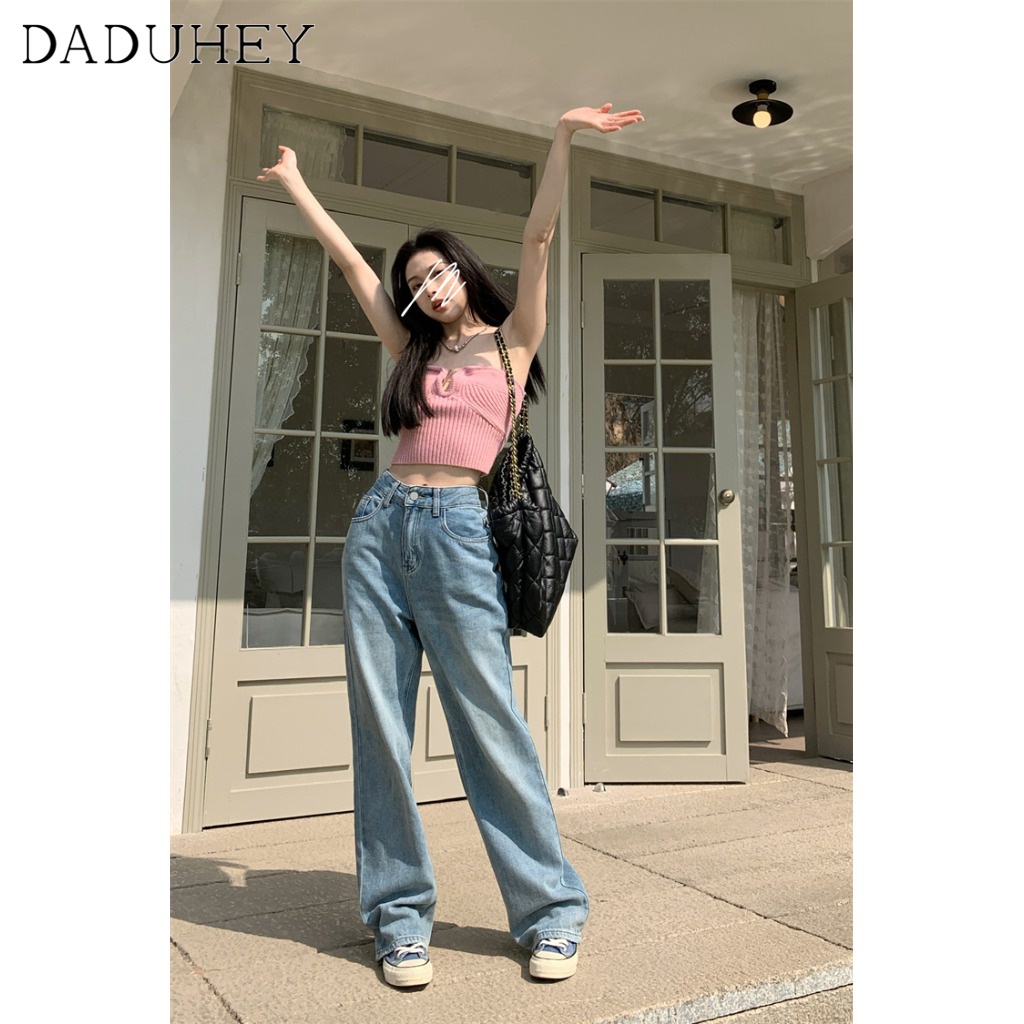 DaDuHey🎈 Women's American Style New High-Street Retro Loose Pants Fashion High Waist Wide Leg Straight Casual Mopping Jeans