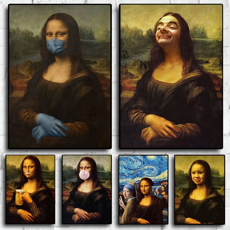 Mona Lisa ตลกตัวอักษร 80s Retro บทคัดย่อพิมพ์โปสเตอร์สําหรับห้องนั่งเล่นผ้าใบภาพวาด Art Home Wall De