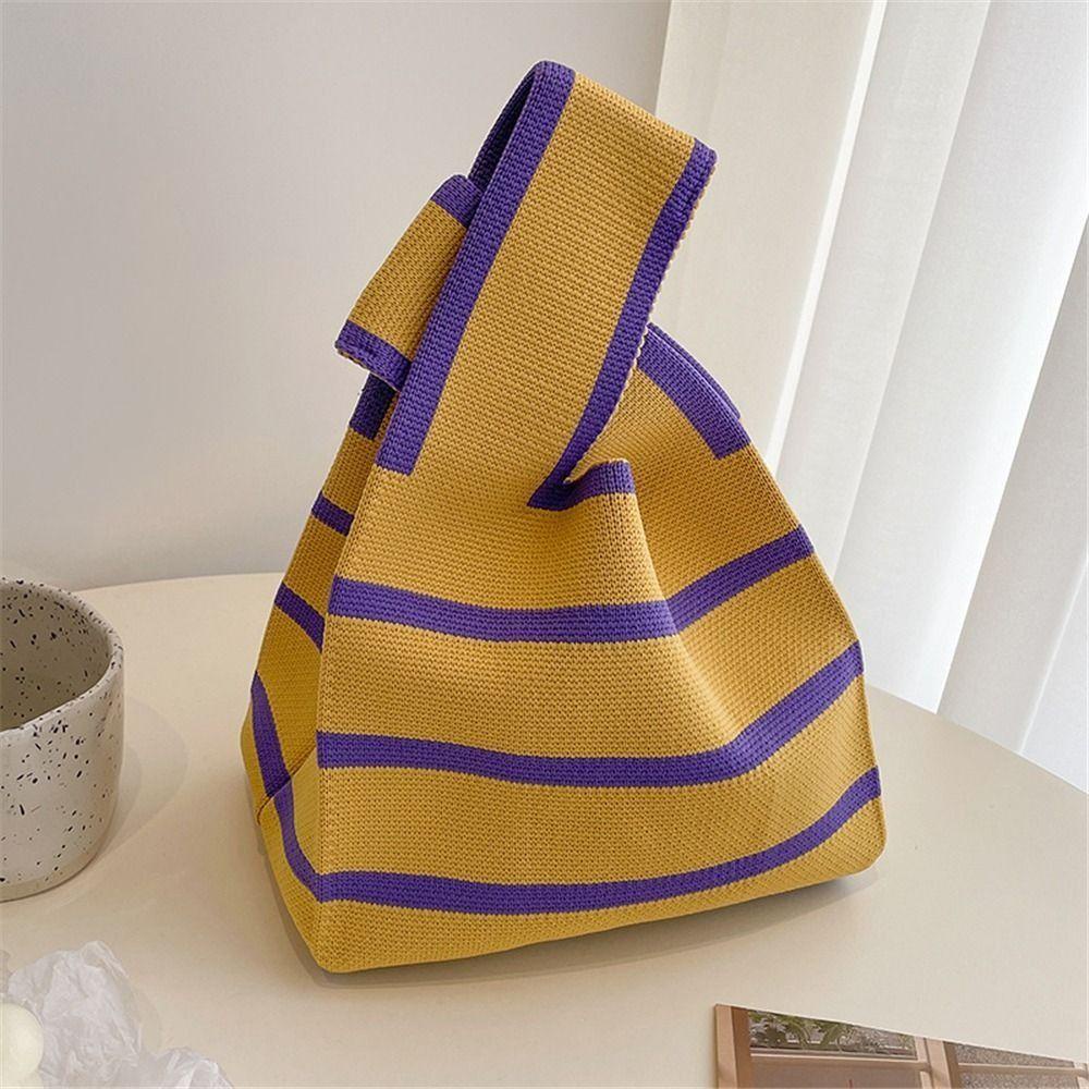 HOBBYIN Knit Handbag Reusable Casual Wide Stripe Handmade Plaid Tote Bag