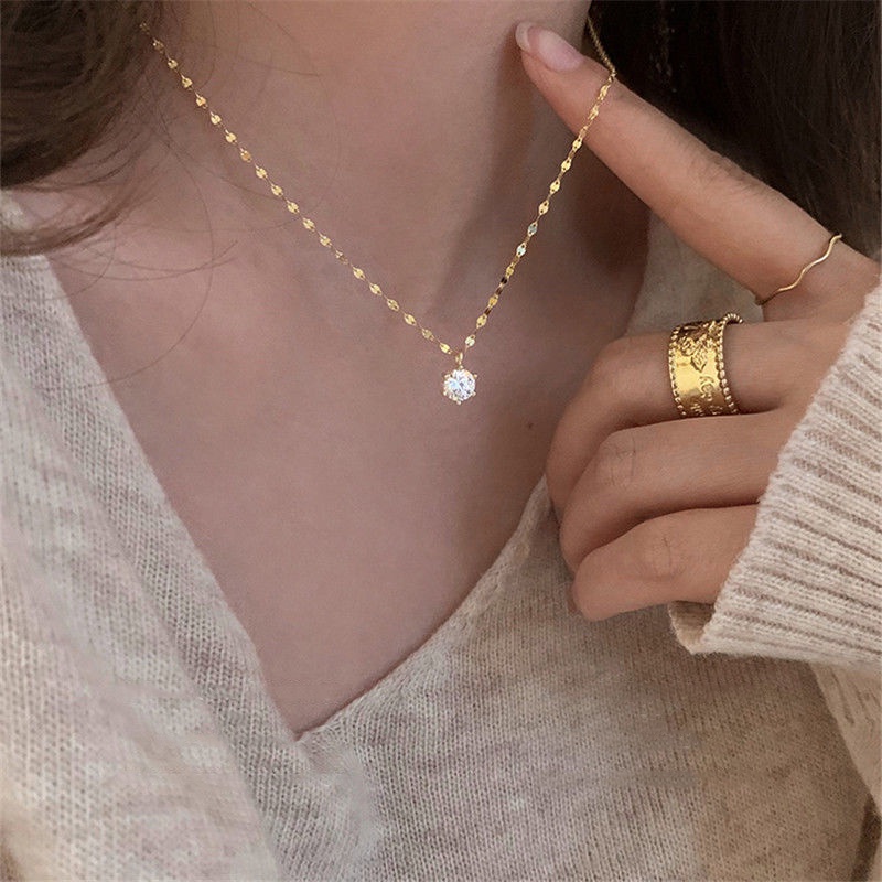 เครื่องประดับ สร้อยคอไทเทเนียมเหล็ก เกรด S925 จี้คริสตัล ประดับเพทาย สีทอง หรูหรา แบบเรียบง่าย สําหรับผู้หญิง