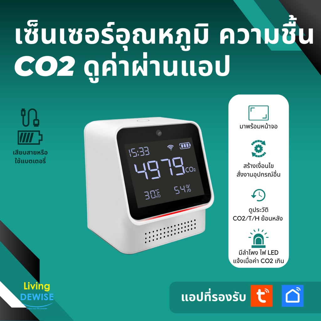 Tuya เซ็นเซอร์วัดคาร์บอนไดออกไซด์ CO2, อุณหภูมิและความชื้นพร้อมหน้าจอ Wi-Fi ดูค่าผ่านแอป ตั้งเงื่อนไขสั่งอุปกรณ์อื่นได้