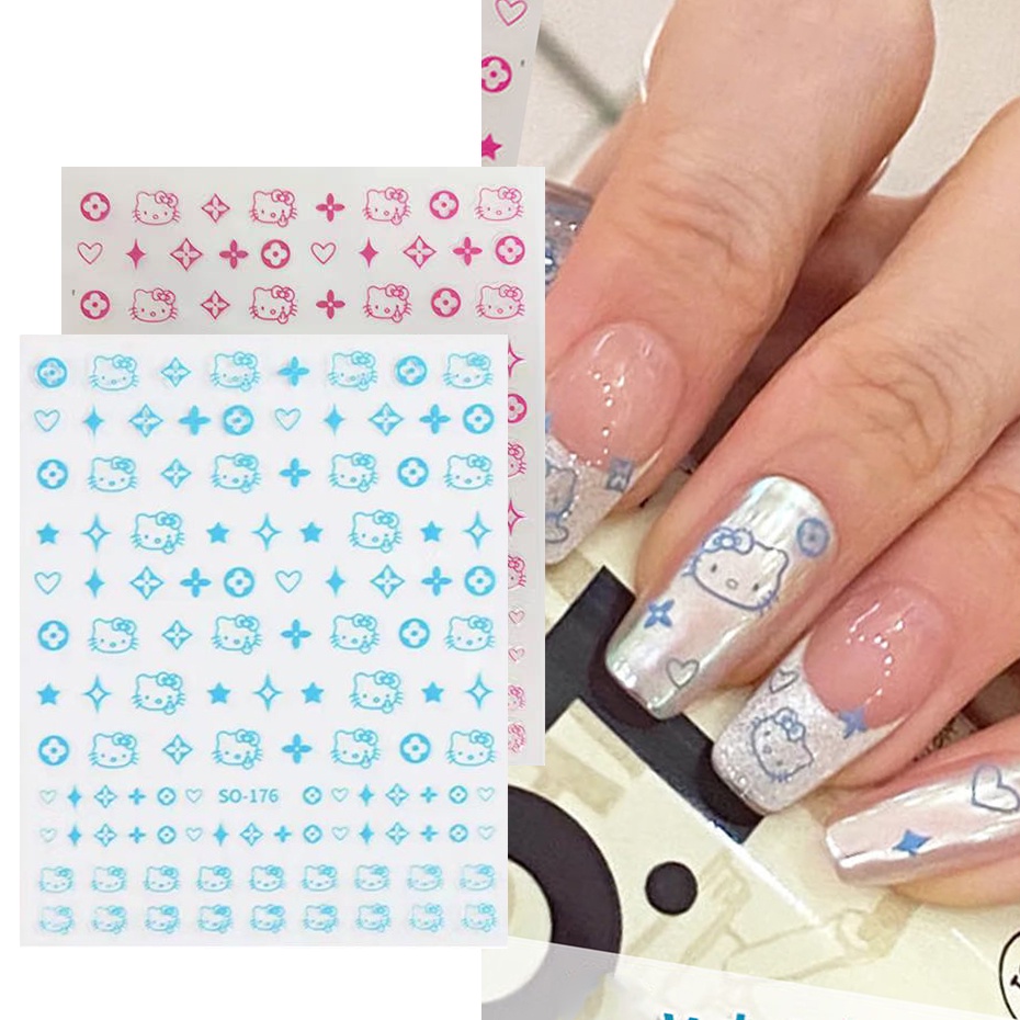 สติ๊กเกอร์ติดเล็บน่ารักการ์ตูนแมวออกแบบสีชมพูสีฟ้าน่ารัก Childlike กาว Decals Charm สาวหวานเล็บฟอยล์