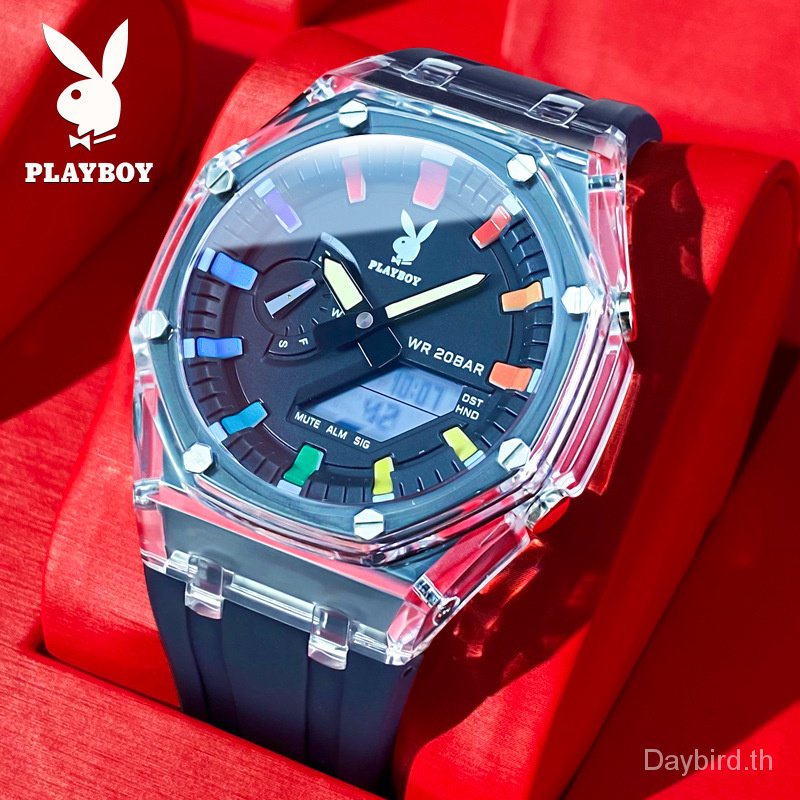 Playboy Counter สินค้าของแท้ (พร้อมส่ง + กล่องของแท้) 2066 นาฬิกาข้อมืออิเล็กทรอนิกส์ แฟชั่น สายยางเรืองแสง สําหรับผู้ชาย