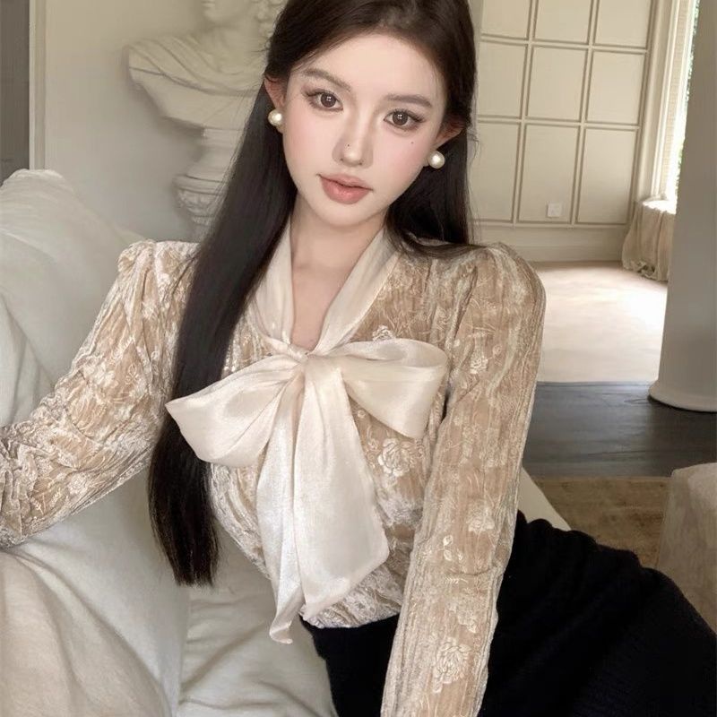 เสื้อแขนยาว ผ้ากํามะหยี่ ประดับโบว์ ระดับไฮเอนด์ สไตล์ฝรั่งเศส