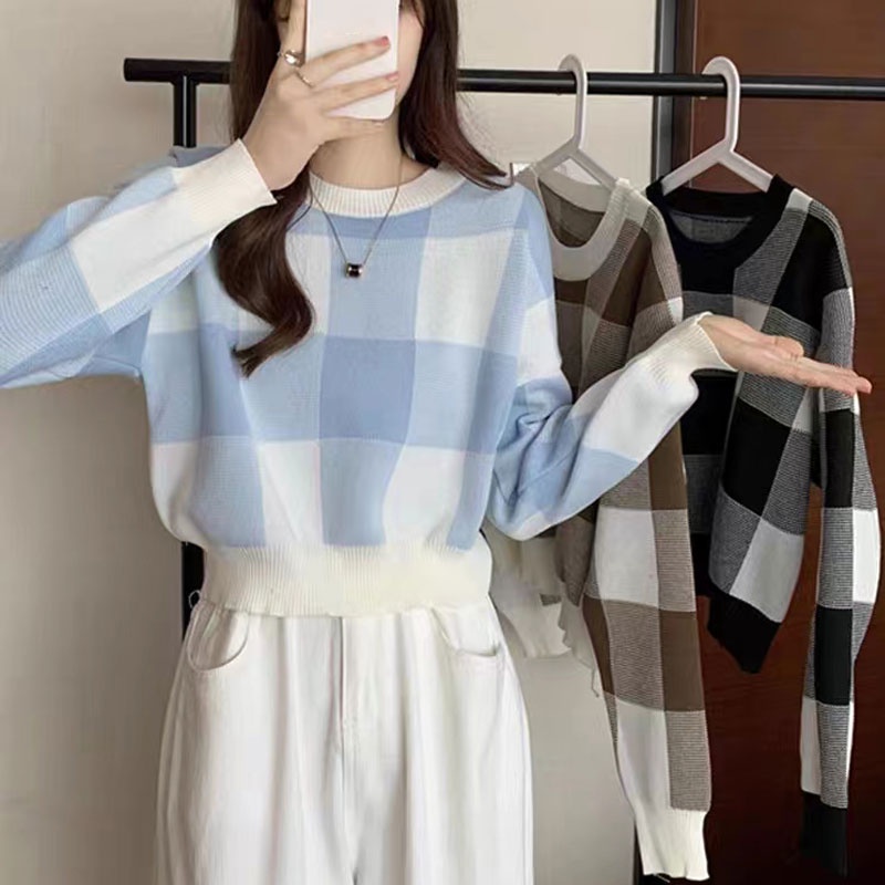 Dahong เสื้อสเวตเตอร์ตาราง เสื้อไหมพรมแขนยาวเกาหลี คอกลม งานผ้า ทอลายสลับสีพาสเทล 28342
