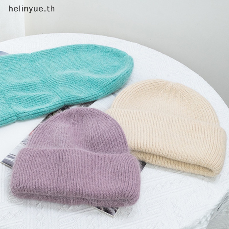 Helinyue หมวกบีนนี่ ผ้าถัก แบบหนา ยืดหยุ่น แต่งขนกระต่าย พับได้ สีพื้น แฟชั่นฤดูหนาว สําหรับผู้หญิง เล่นสกีกลางแจ้ง