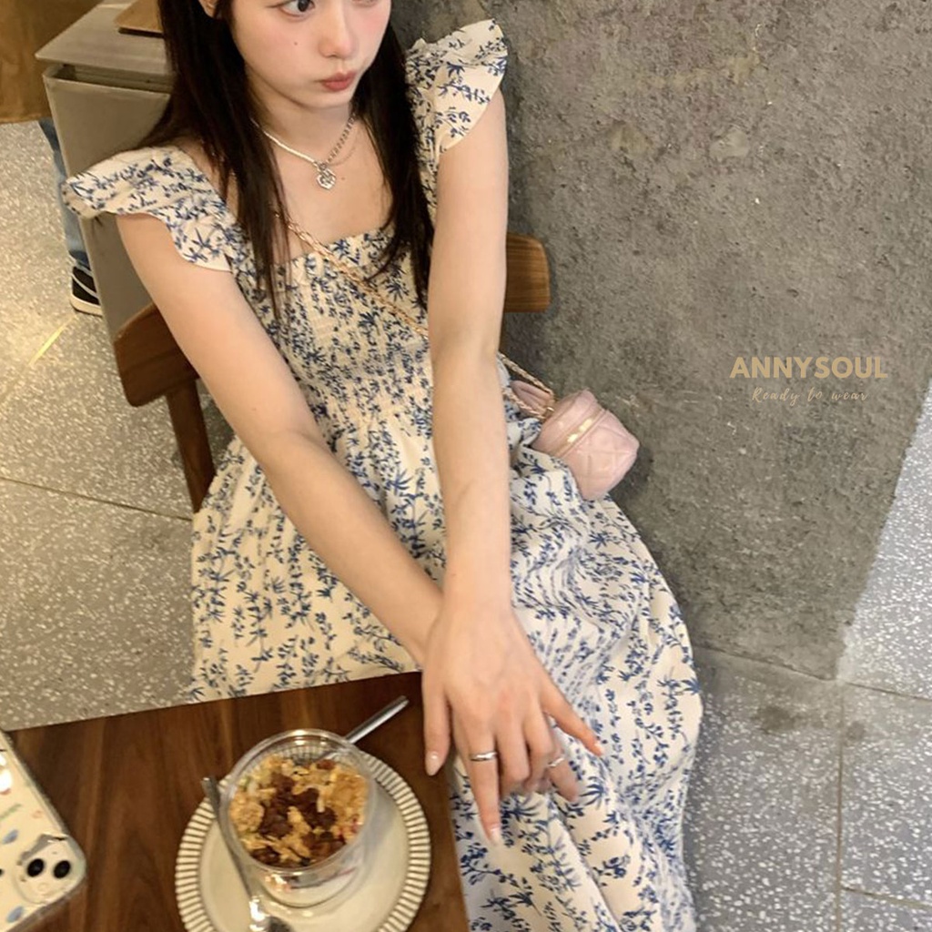 เดรสยาวแขนกุด ไหล่ระบาย ลายดอกไม้ ชุดไปเที่ยว ชุดไปทะเล