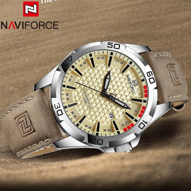 Naviforce นาฬิกาข้อมือผู้ชายแบรนด์ชั้นนำที่หรูหรากันน้ำสีเหลืองนาฬิกาผู้ชายหนังแท้ควอตซ์นาฬิกาผู้ชาย