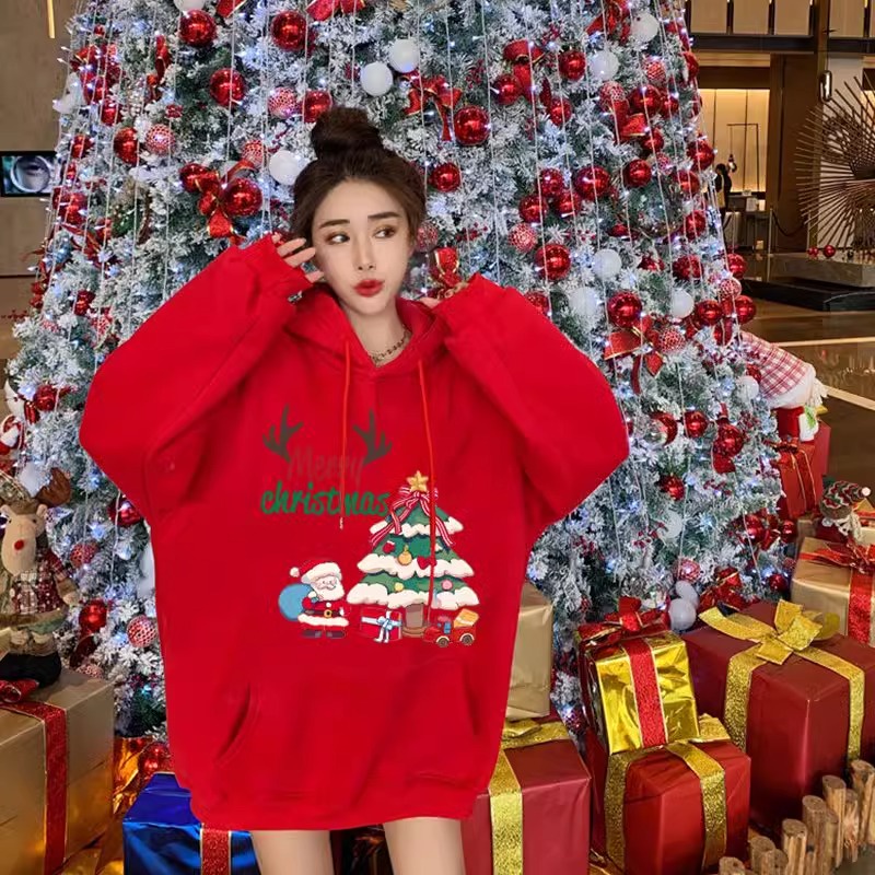 เสื้อกันหนาวแขนยาว มีฮู้ด พิมพ์ลายคริสต์มาส ทรงหลวม แฟชั่นฤดูใบไม้ร่วง และฤดูหนาว สําหรับผู้หญิง
