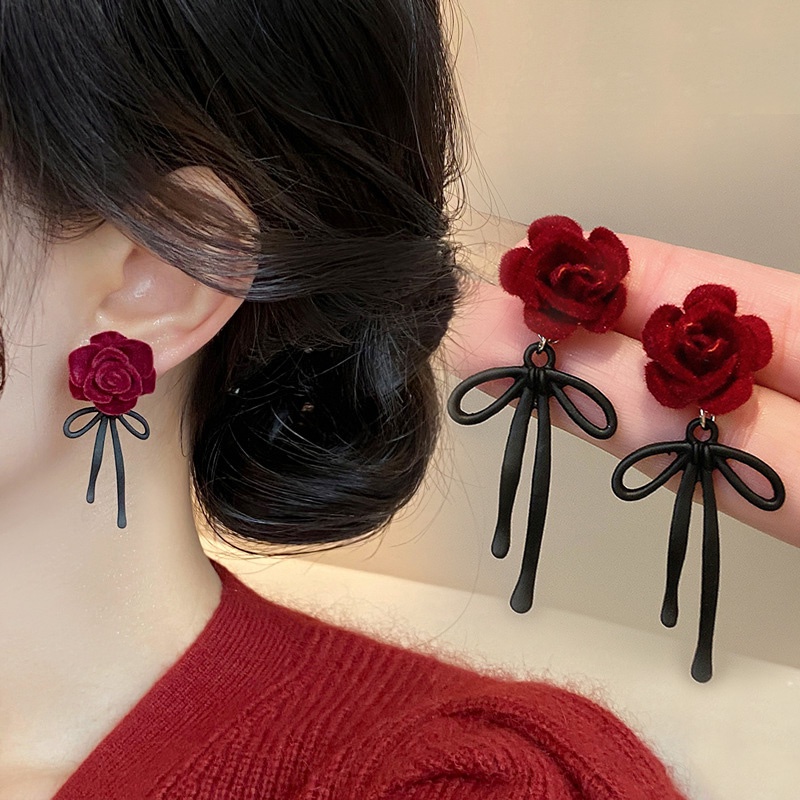 ต่างหู ประดับโบว์ สีแดง แบบเรียบง่าย แฟชั่นเรโทร สไตล์เกาหลี และญี่ปุ่น
