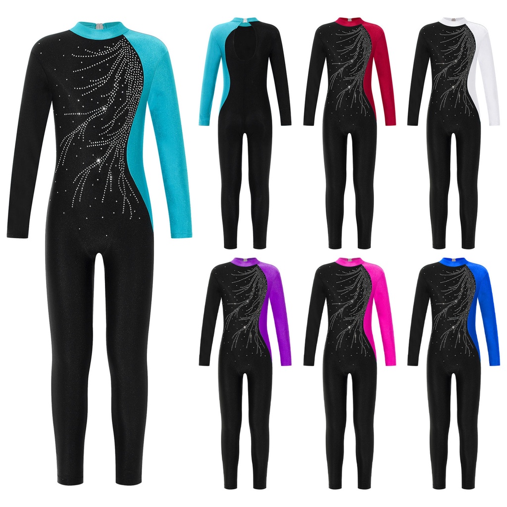 เด็กสาวเสื้อผ้ามีสไตล์แขนยาวรอบคอ Rhinestone เงาตกแต่ง Hollow กลับ Patchwork สไตล์ Dance Jumpsuit