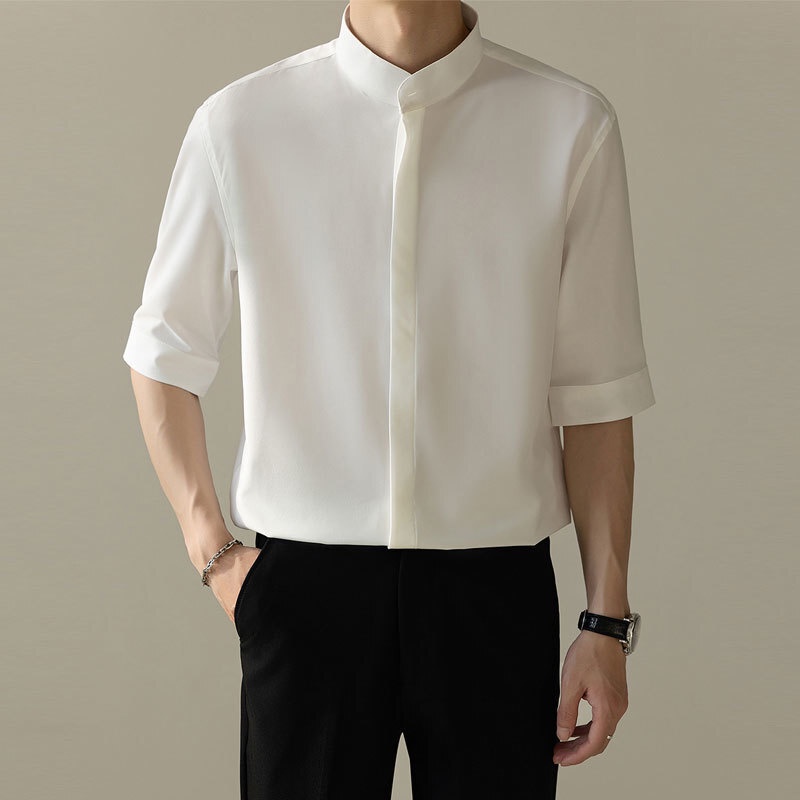 เสื้อเชิ้ตลําลอง คอตั้ง เข้ารูป แฟชั่นฤดูร้อน สําหรับผู้ชาย