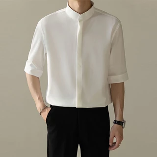 เสื้อเชิ้ตลําลอง คอตั้ง เข้ารูป แฟชั่นฤดูร้อน สําหรับผู้ชาย