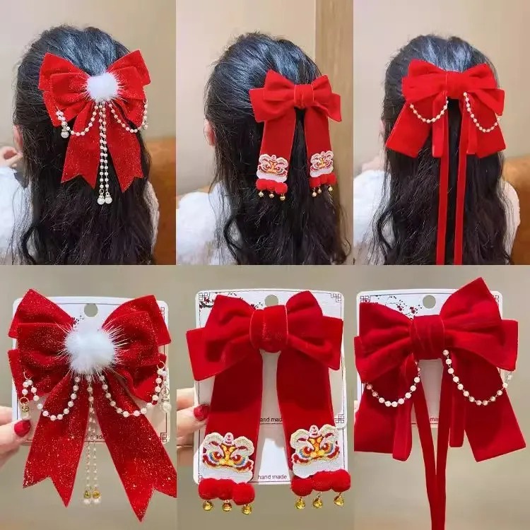 กิ๊บติดผม ผ้ากํามะหยี่ ประดับโบว์ สีแดง สไตล์เจ้าหญิง สําหรับเด็กผู้หญิง