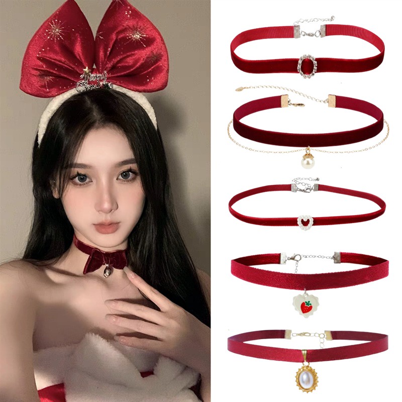 Mh สร้อยคอโชคเกอร์ ผ้ากํามะหยี่ สีแดงไวน์ เครื่องประดับแฟชั่น สําหรับผู้หญิง ปีใหม่ 2024