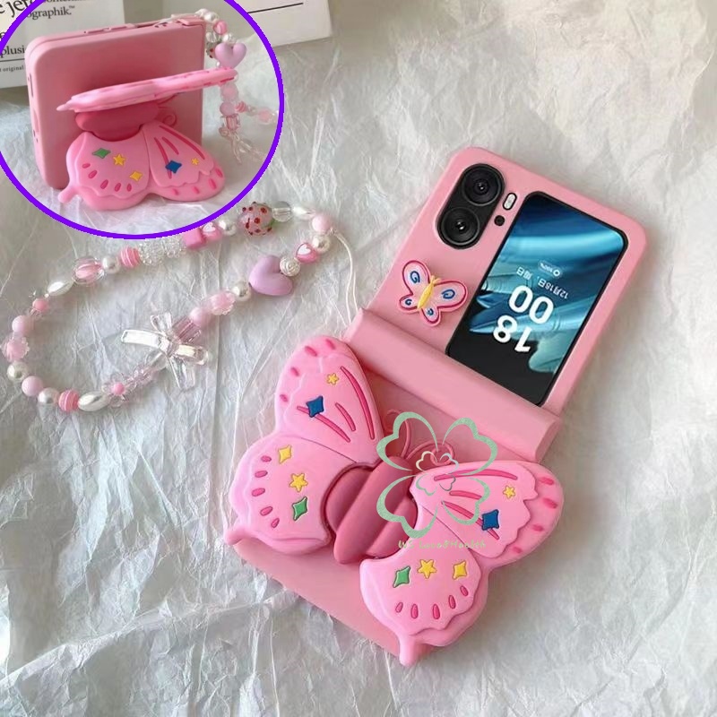 เคสโทรศัพท์มือถือแบบแข็ง ฝาพับ กันกระแทก ลายผีเสื้อ 3D สีชมพู พร้อมที่ตั้งวาง และสายคล้องข้อมือ สําหรับ OPPO Find N3 N2