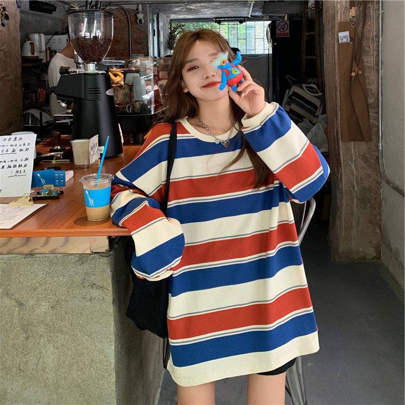 YUI เสื้อแขนยาวผ้าCOTTON Oversize ลายทาง กันหนาว ผ้าหนา พร้อมส่ง #392