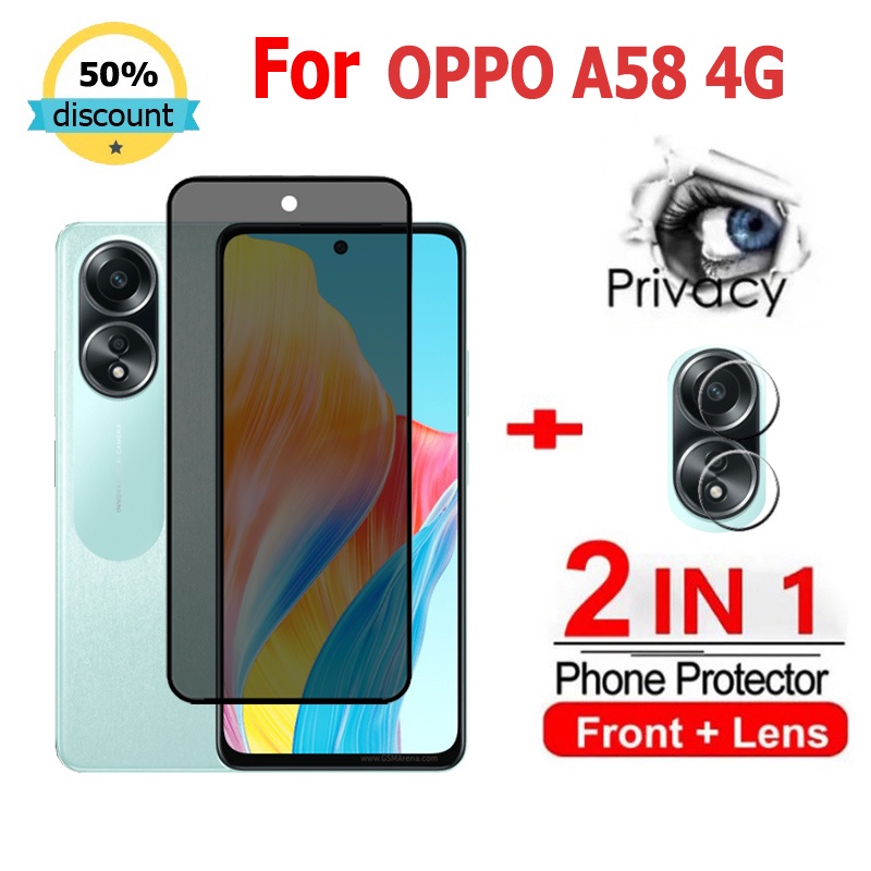 2 in 1 ฟิล์ม OPPO A58 4G ฟิล์มกระจกนิรภัยกันรอยหน้าจอ กันแอบมอง เพื่อความเป็นส่วนตัว สําหรับ OPPO A98 A78 A96 A77S A17 A57 2022 Reno 10 7 8 Pro Plus 8T 7z 8z 5G
