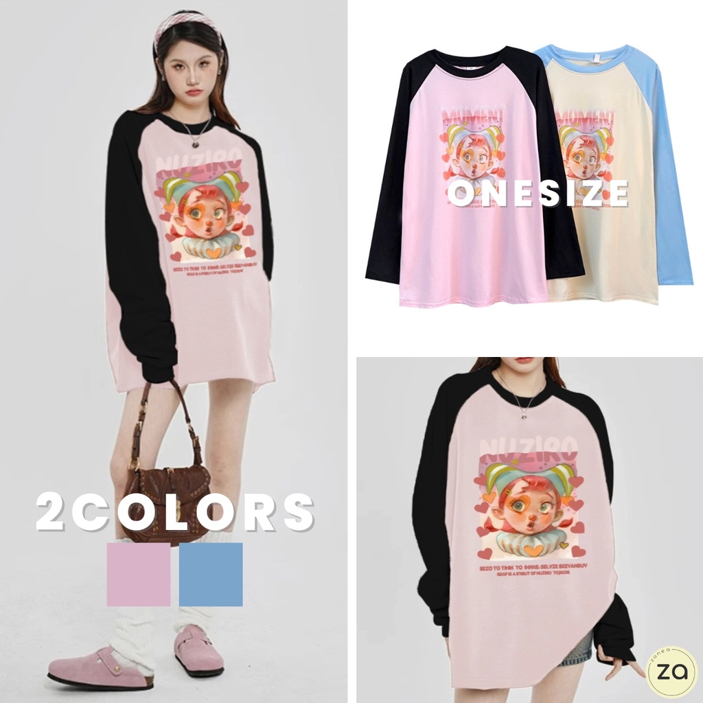 HOT SALE ฃเสื้อยืดแขนยาวคอกลม สกรีนลายหน้าการ์ตูนตลก สีทูโทน 2 โทนสี