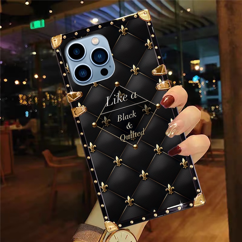 ปลอกiPhone 17 Pro Max 16 15 14 13 12 11 Pro Max XR XS 8 7 6s 6 Plusแฟชั่นสีดําลายสวยสแควร์เคสกันกระแทก