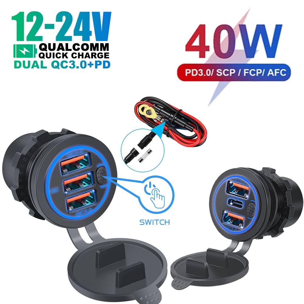 ซ็อกเก็ตที่จุดบุหรี่ 12-24V 3 พอร์ต USB PD QC3.0 พร้อมสวิตช์ สําหรับรถยนต์ รถจักรยานยนต์ เรือ RV