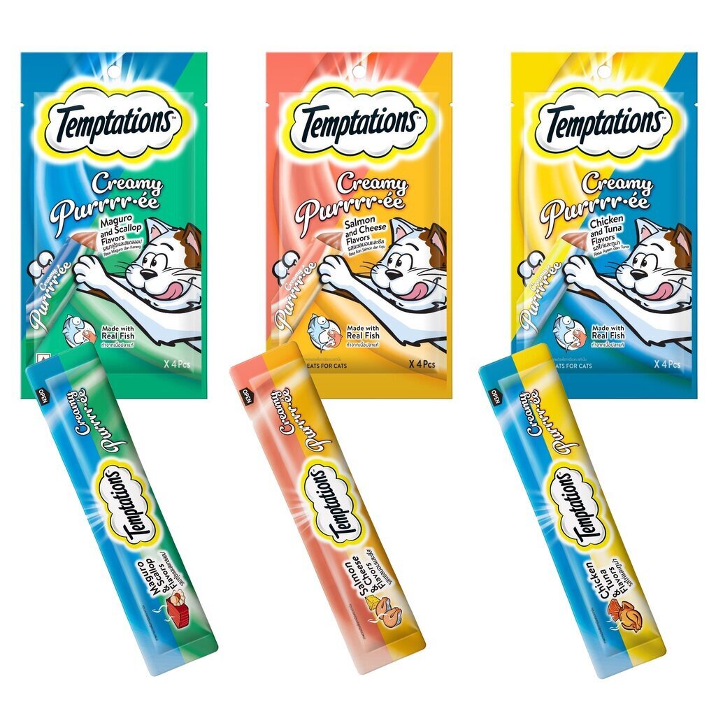 Temptations  Creamy Purrr-ee เทมพ์เทชั่น ขนมแมวเลีย  เทมเทชันส์ ครีมมี่เพอเร่ 12gx4