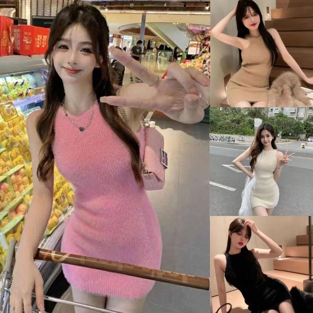 Dahong มินิเดรสรัดรูป​ มินิเดรสผ้าไหมพรม สุดเซ็กซี่ สีพื้นทรงสลิมฟิต 6618