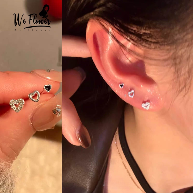 We Flower ชุดต่างหูเงิน 925 จี้รูปหัวใจ ประดับเพชรเทียม สีดํา สไตล์เกาหลี เครื่องประดับ สําหรับผู้หญิง 3 ชิ้น
