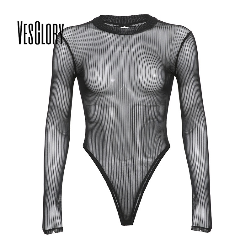 VesGlory บอดี้สูทแฟชั่นใหม่สำหรับผู้หญิง สีทึบ มุมมองลาย Halter ครึ่งคอเต่า ทรงSlim Fit Onesie