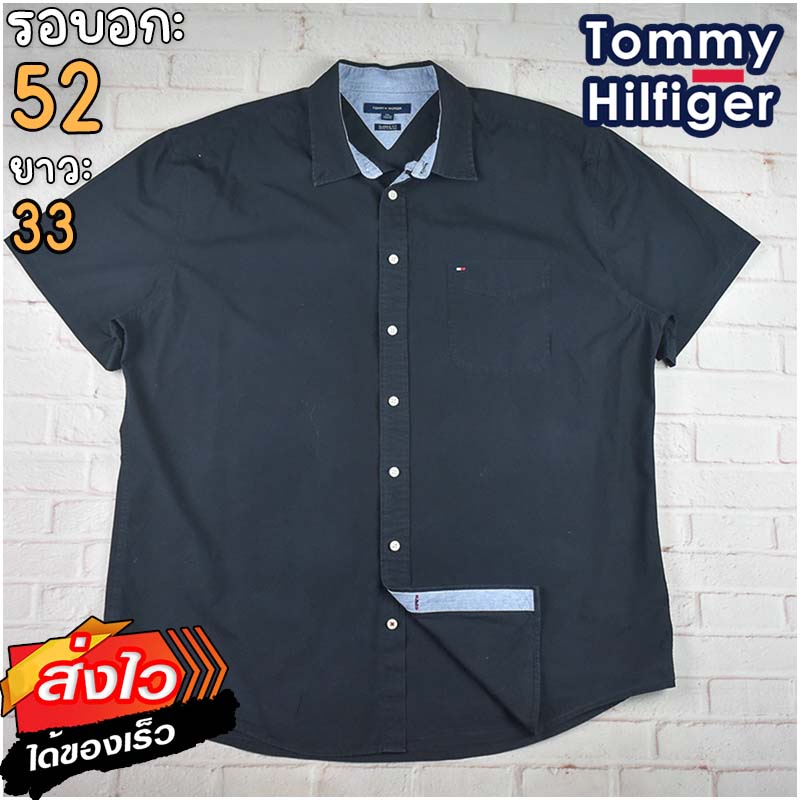 Tommy Hilfiger®แท้ อก 52 เสื้อเชิ้ตผู้ชาย ทอมมี่ ฮิลฟิกเกอร์ สีดำ แขนสั้น เนื้อผ้าดี