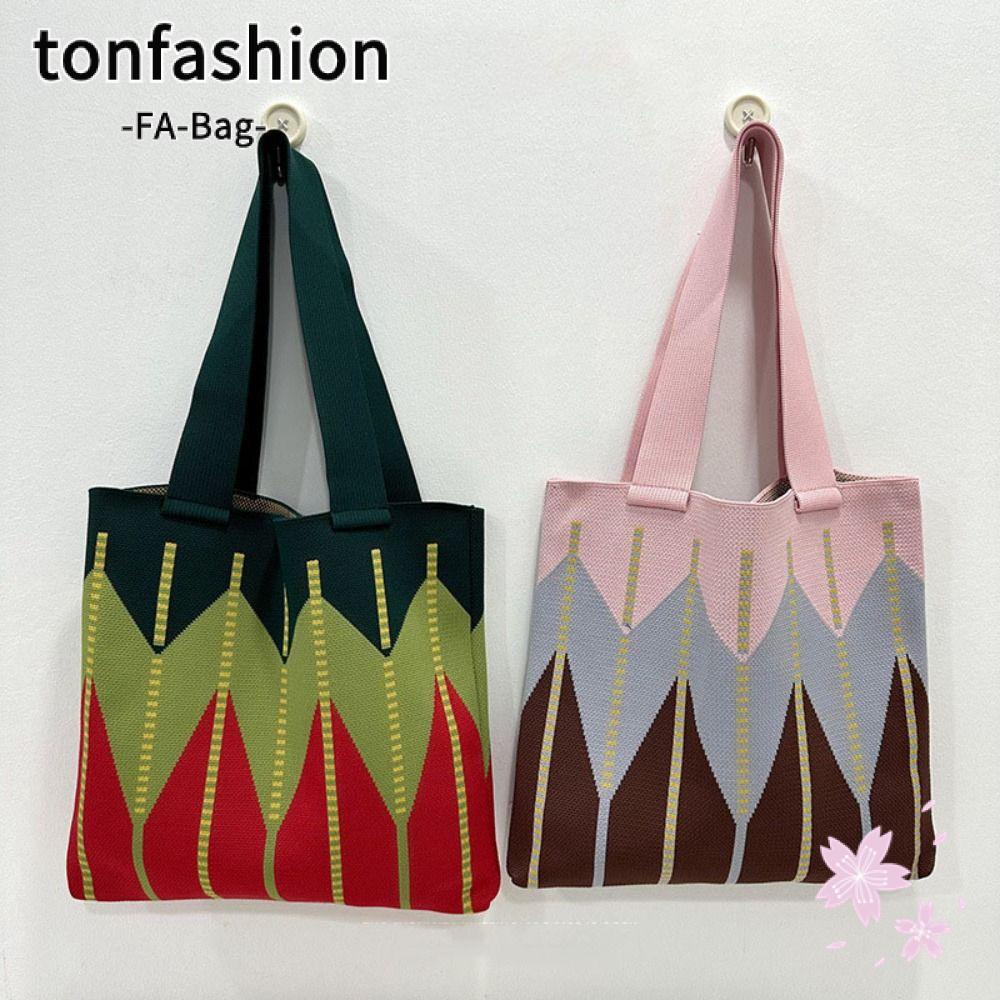 Tonfashion กระเป๋าสะพายไหล่ ผ้าวูลถัก ประดับเพชร ความจุสูง สําหรับนักเรียน