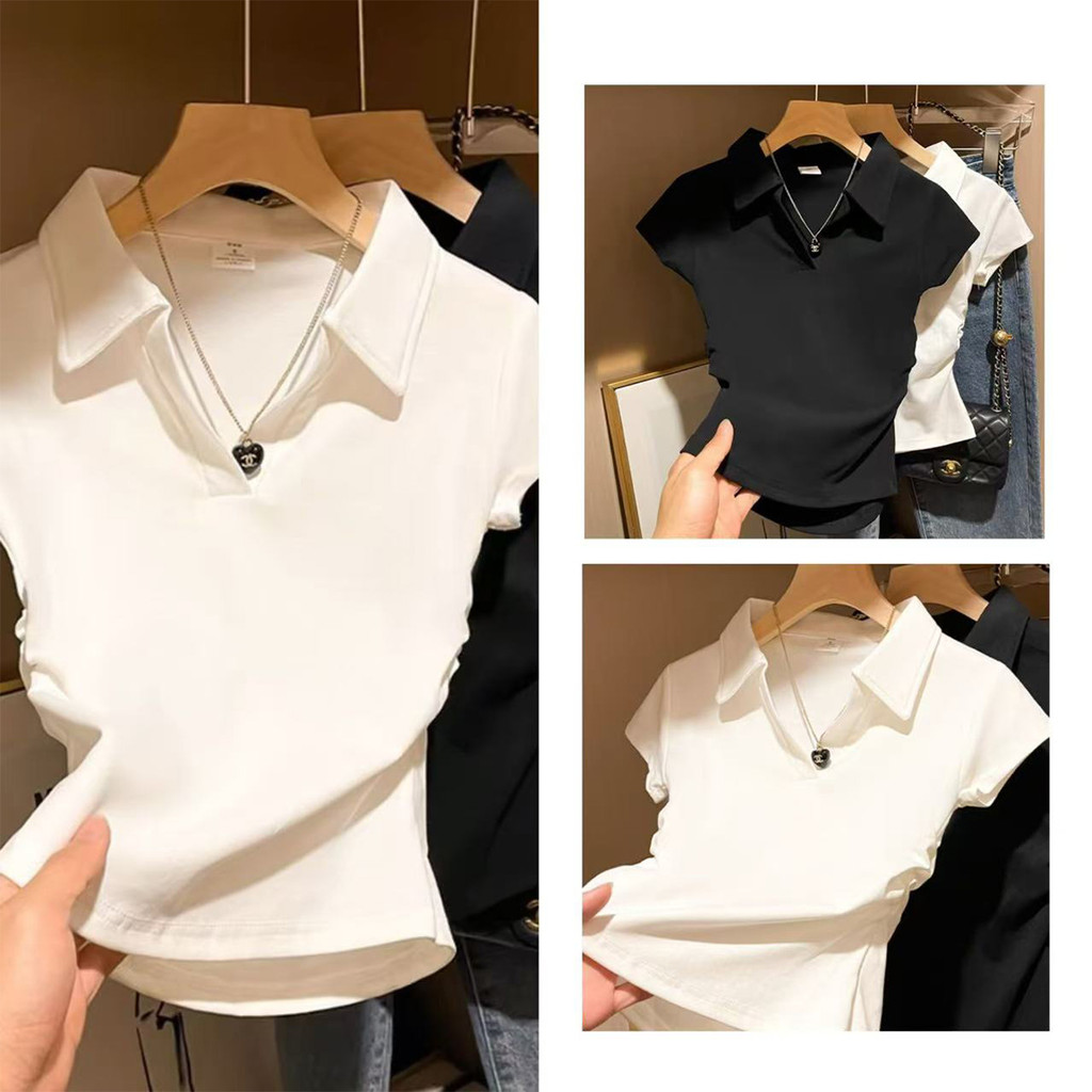 เสื้อโปโลแขนสั้นผู้หญิง สีขาว คอปก ทรงสวย ดูดี