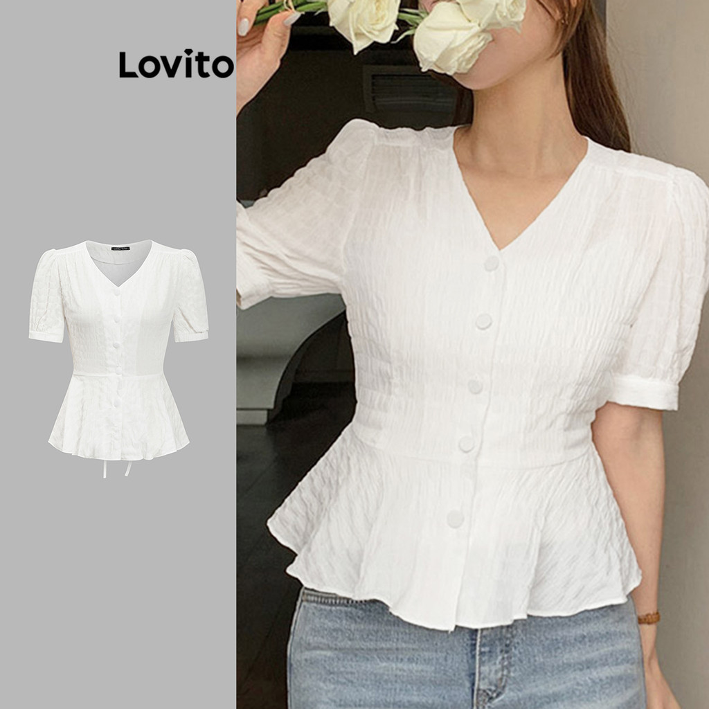 Lovito เสื้อเบลาส์ผู้หญิง ชายแต่งระบาย แขนพอง สีพื้น สไตล์ลำลอง L89MD098