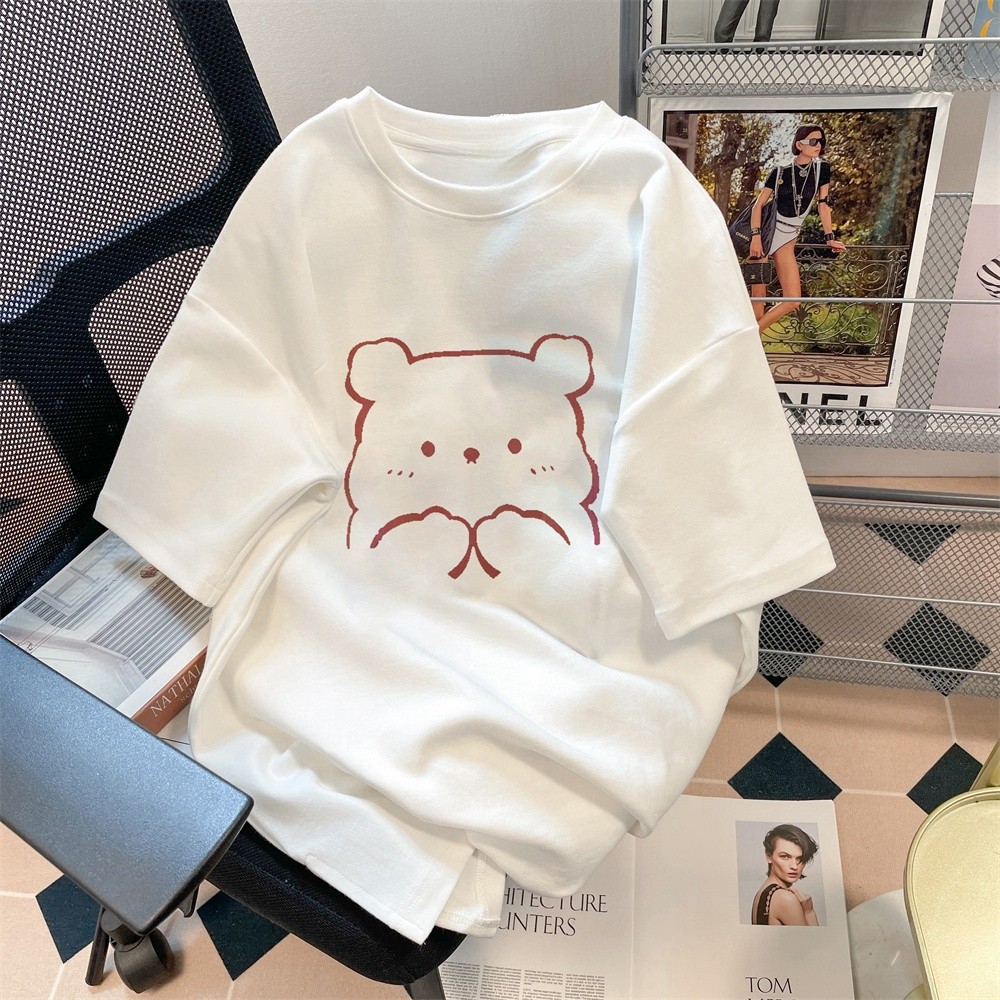🚚【จัดส่งจากไทย】เสื้อเชิ้ตแขนสั้นแฟชั่นสไตล์เกาหลีพิมพ์ลายหมีสุดน่ารัก คอกลม ผ้าเนื้อนุ่ม สวมใส่สบาย