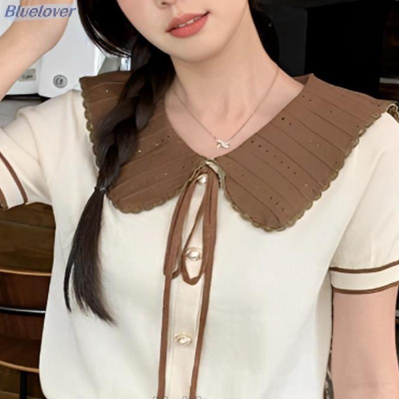 คนรักสีฟ้า ฤดูร้อนเกาหลีหวานโบว์ผูกนัวเนียตุ๊กตาคอปกแขนสั้นอเนกประสงค์เสื้อถักสําหรับผู้หญิงใหม่ - รูปที่ 5