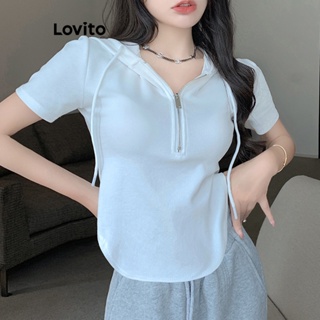 Lovito เสื้อยืดลําลอง มีซิป สําหรับผู้หญิง LNA21177 (สีขาว/ดํา)