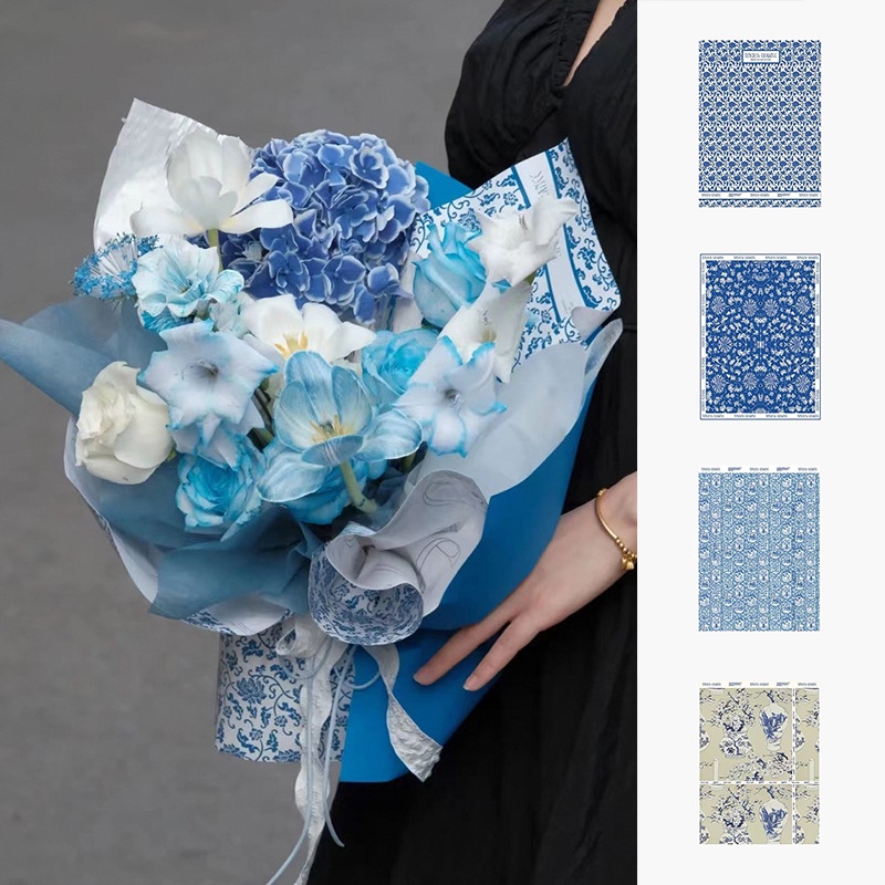 กระดาษคราฟท์ ลายดอกไม้ สีฟ้า และสีขาว สไตล์เรโทร 10 ชิ้น