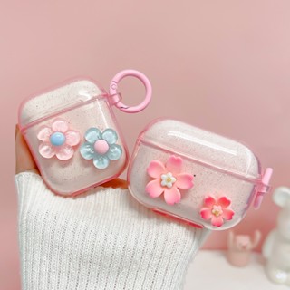 เคสหูฟัง ซิลิโคน ใส แต่งกลิตเตอร์ ลายการ์ตูนดอกไม้ หรูหรา สําหรับ airpods pro pro2 1 2 3