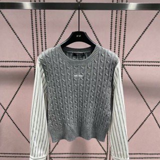 Miu MIU เสื้อถัก แขนจับคู่ ลายกระโหลก แฟชั่นฤดูใบไม้ร่วง สไตล์ใหม่