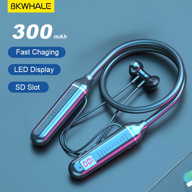 Bkwhale BT-21 หูฟังไร้สายแบบคล้องคอบลูทูธ 5.0 หูฟังพร้อมไมโครโฟนชุดหูฟังเบสกีฬาวิ่งหูฟังติดทนนาน
