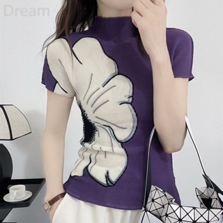 Summer new Sanzhai pleated flower corn particle top slim stretch pleated short-sleeved T-shirt