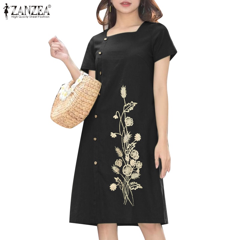Zanzea ชุดเดรส คอสี่เหลี่ยม แขนสั้น ปักลาย สไตล์เกาหลี สําหรับผู้หญิง