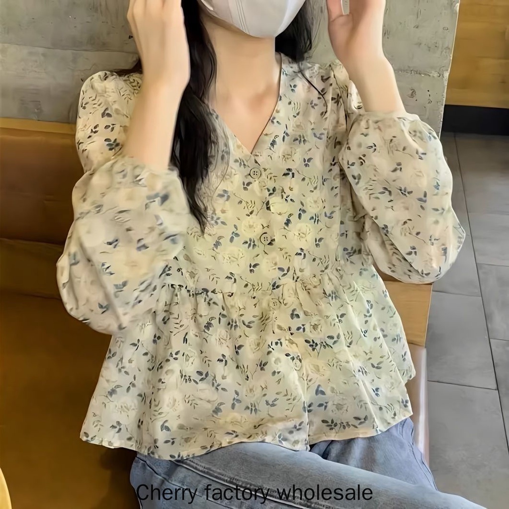 เสื้อเชิ้ตแขนยาว คอวี ลายดอกไม้ ขนาดเล็ก แฟชั่นใหม่ สําหรับผู้หญิง