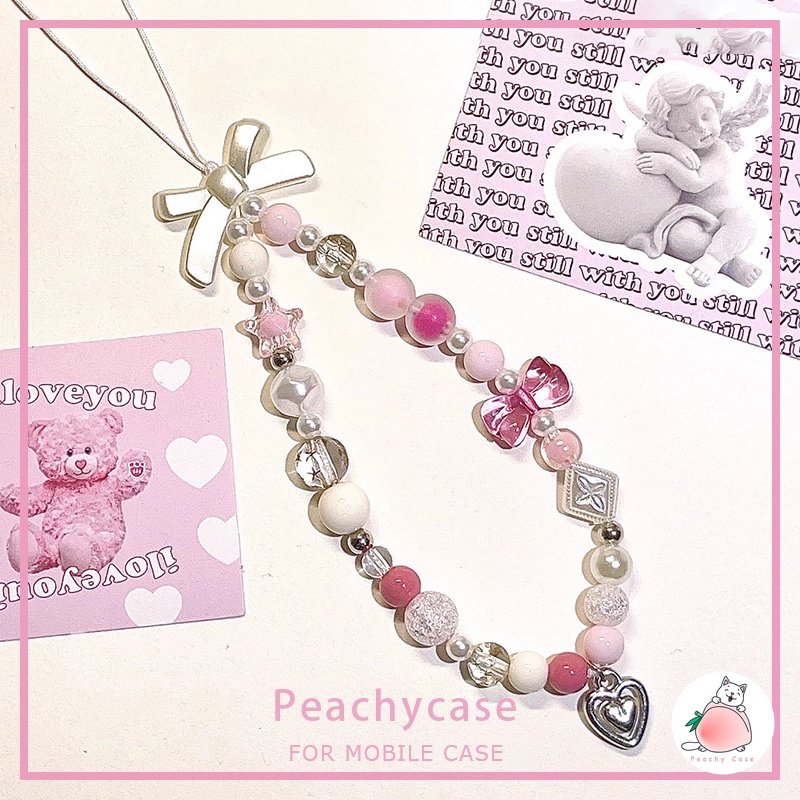 สายโซ่คล้องโทรศัพท์มือถือ สร้อยข้อมือ จี้โบว์ ดาว ดินโพลิเมอร์ แฮนด์เมด สีชมพู